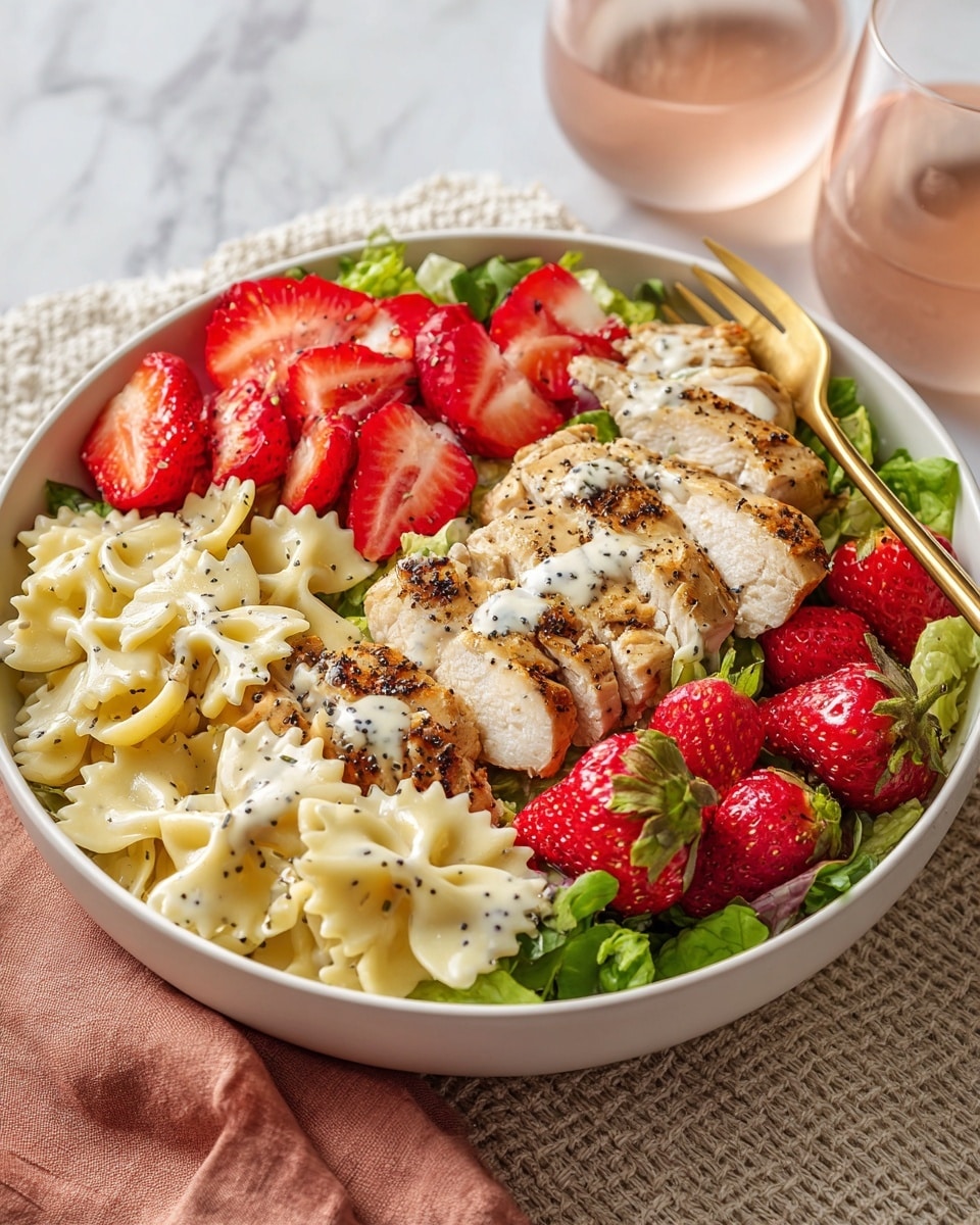 A white bowl sits on a white marbled surface with a beige cloth underneath, holding a colorful salad. The bottom layer is light yellow bowtie pasta mixed with green leafy lettuce. Bright red slices of strawberries are scattered above the pasta and lettuce. On top are neat rows of sliced grilled chicken, each piece showing a light brown sear with white cooked meat inside. A creamy white dressing with black poppy seeds is drizzled over the salad, adding texture and contrast. A gold fork rests inside the bowl on the right side. Photo taken with an iphone --ar 4:5 --v 7