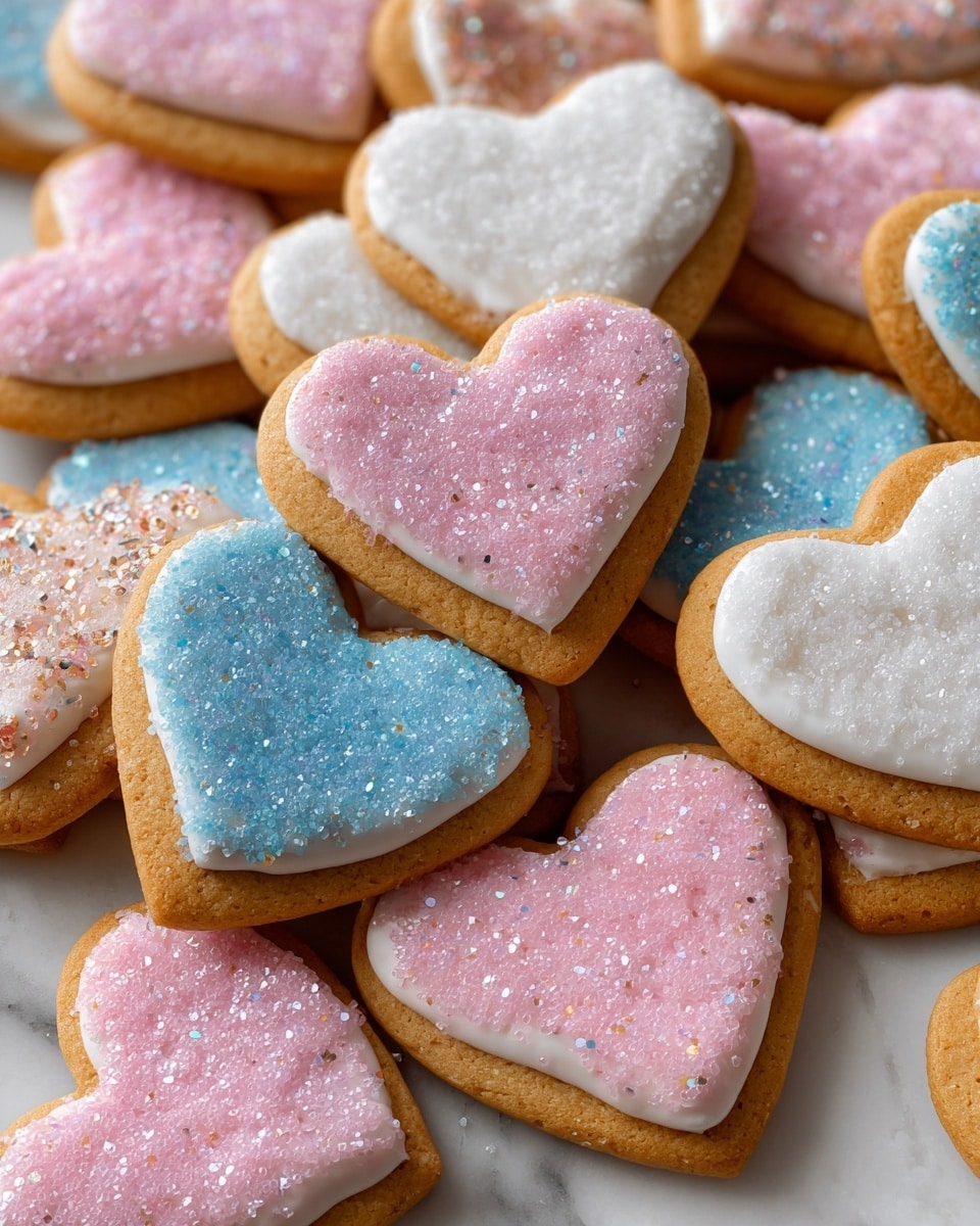 The image shows a close-up of a stack of two round sugar cookies with three layers; the bottom and top layers are light golden-baked cookies with a slightly crumbly texture, the middle layer is thick pink frosting with a smooth texture and small sparkling sugar crystals on top. The top cookie has a smooth white icing layer covering it. Surrounding the main stack, there are several other cookies with smooth white icing on top, all placed on a surface with a white marbled texture. photo taken with an iphone --ar 4:5 --v 7