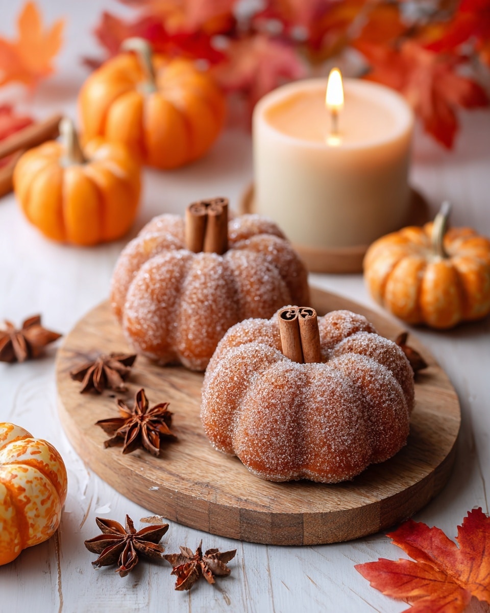 The image shows several pumpkin-shaped dough treats arranged on a round wooden board lined with parchment paper. Each pumpkin is made of eight brown dough segments dusted with sugar, giving a slightly rough texture, and topped with a thick cinnamon stick in the center acting as the pumpkin stem. Around the board, there are small orange pumpkins, cinnamon sticks, star anise, and a lit candle with white wax. The whole setup is on a white marbled surface with soft natural light adding warmth to the autumn theme. Photo taken with an iphone --ar 4:5 --v 7