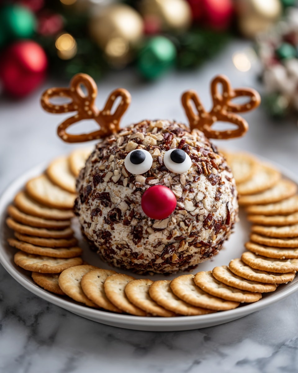 A round cheese ball covered in crushed nuts sits in the center of a white plate. The cheese ball has two large pretzels stuck in the top as antlers. Two black olives are placed near the top front as eyes, and a small red cherry tomato is placed below them as a nose, making it look like a reindeer face. Around the cheese ball, there is a circle of round and oval crackers. The background shows holiday decorations with green, red, and white colors on a white marbled surface. Photo taken with an iphone --ar 4:5 --v 7