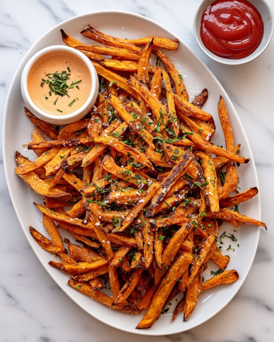 A large white plate filled with crispy sweet potato fries layered unevenly, showing a mix of bright orange and dark brown charred edges. The fries have a rough texture and are sprinkled with coarse salt and small green herb bits. On the bottom left of the plate, there is a small white bowl filled with creamy orange dipping sauce topped with green herbs. In the top right corner, part of another small white bowl holds a smooth red sauce. The plate is set on a white marbled surface. photo taken with an iphone --ar 4:5 --v 7