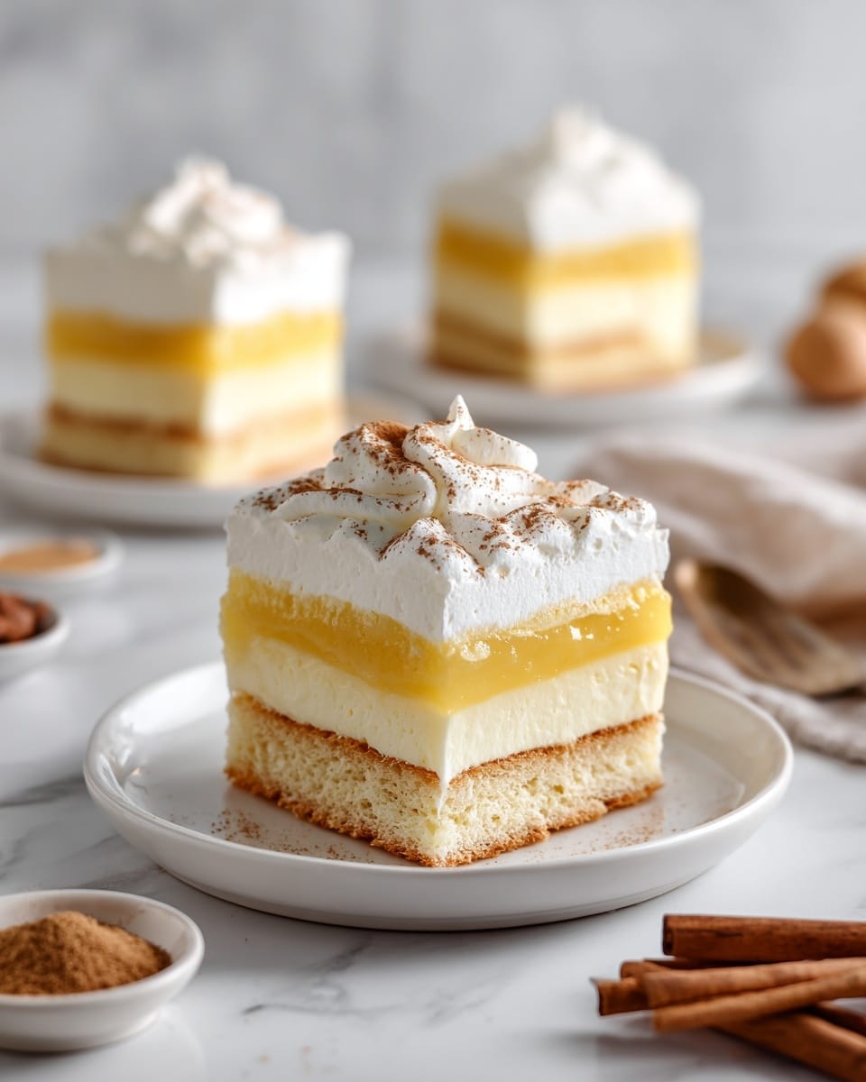 The image shows a square slice of layered cake held by a white utensil against a white marbled background. The cake slice has three layers: the bottom layer is a light brown, moist sponge cake with visible air holes; above it is a thick, smooth, creamy yellow layer that looks rich and soft; the top layer is a fluffy white whipped cream sprinkled lightly with brown spice. The colors contrast softly, and the texture of each layer is clear, with the sponge cake looking airy, the cream thick, and the topping light and airy. photo taken with an iphone --ar 4:5 --v 7