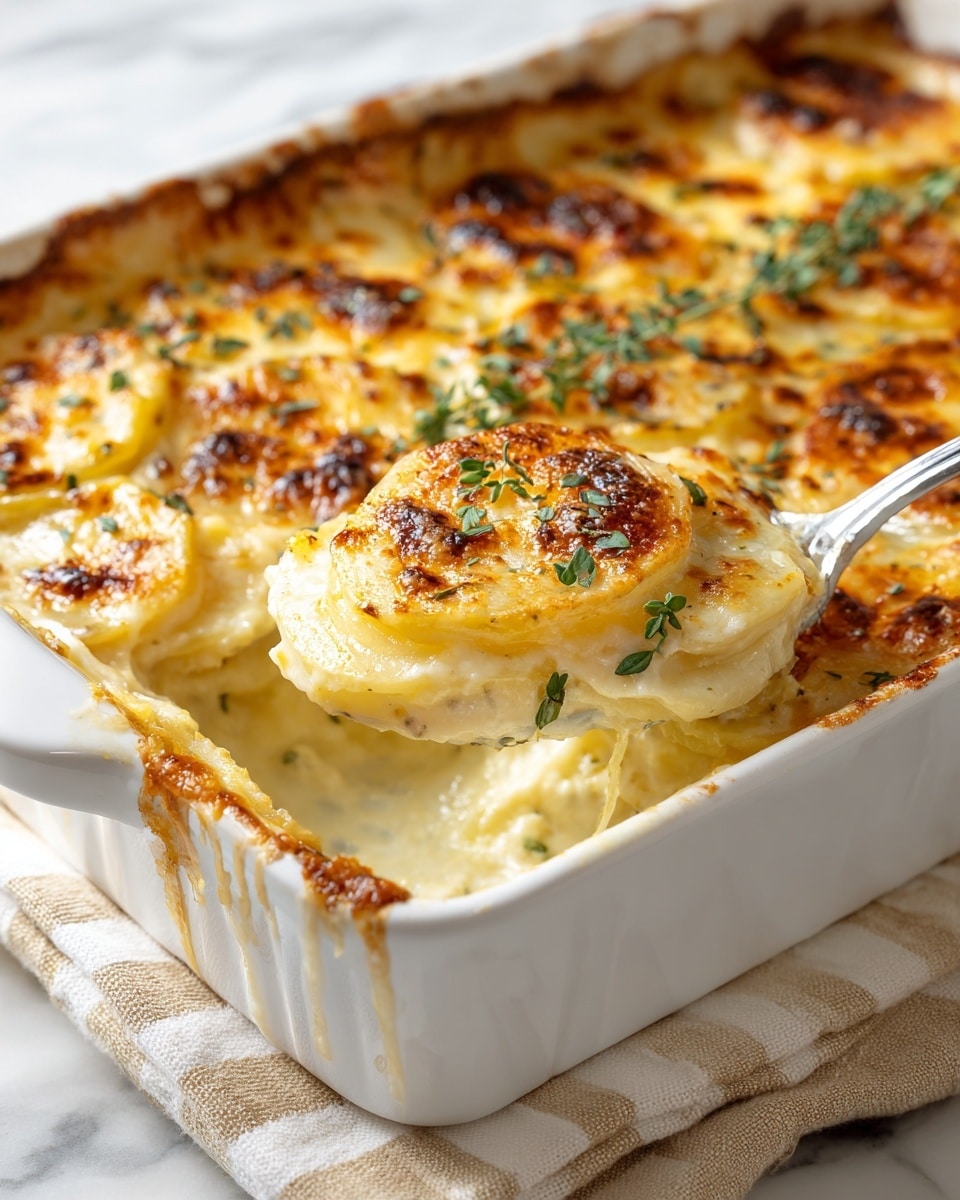 A white rectangular baking dish filled with a layered potato gratin where thin round slices of golden yellow potatoes are stacked evenly, covered by a creamy, slightly browned cheese topping with bubbly, crispy edges. There are small green herb sprinkles on top, adding a touch of color. A white spoon is scooping out a portion, revealing the soft, tender layers beneath with a creamy sauce clinging to the potato slices. The dish is placed on a white marbled surface with a light-colored cloth nearby. photo taken with an iphone --ar 4:5 --v 7