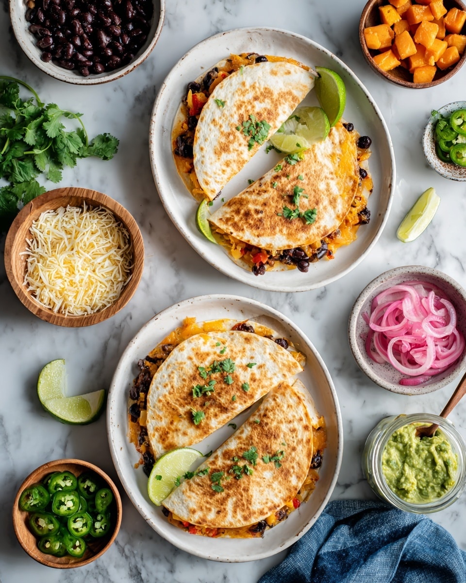 The image shows two white oval plates filled with quesadillas. Each quesadilla is folded into four triangles, with a lightly toasted outer tortilla layer that has a golden-brown spotted texture. Inside, you see colorful layers of diced orange sweet potatoes, black beans, chopped green jalapeños, and bits of red and yellow bell peppers. Each plate is garnished with a quarter lime wedge and fresh green cilantro sprigs. Surrounding the plates are small white bowls and wooden dishes containing shredded yellow and white cheese, black beans with a slice of lime, sliced jalapeños, a green chunky guacamole with a wooden spoon, fresh cilantro, and roasted sweet potato cubes. All dishes are arranged on a white marbled surface with a blue cloth napkin visible. Photo taken with an iphone --ar 4:5 --v 7