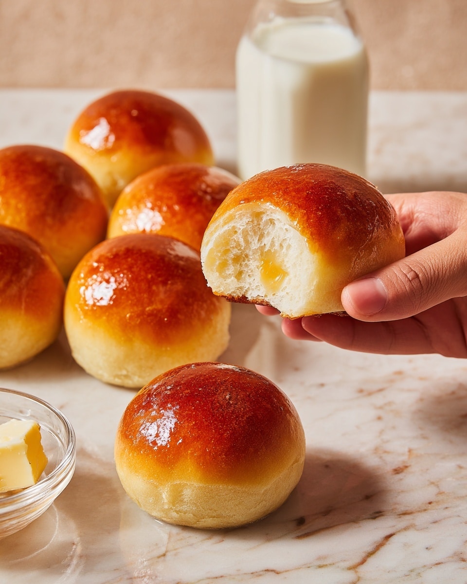 The image shows several small round buns with smooth, shiny, golden-brown tops and a soft light beige base, arranged on a white marbled surface. One bun is held by a woman's hand, and the top layer of the bun is slightly cracked and transparent, with a glossy syrup or glaze dripping down the side. In the background, there is a clear glass bottle filled with a light creamy liquid. The buns look soft and slightly glossy, with one bun having a small bite taken out of it. The scene is bright and clean with a cozy feel. Photo taken with an iphone --ar 4:5 --v 7