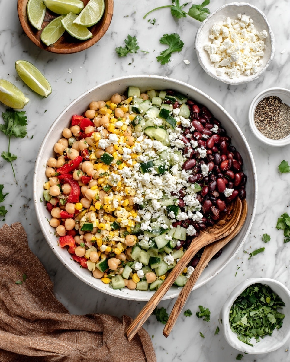 A large white bowl holds a colorful salad made of chickpeas, black beans, red bell peppers, grilled yellow corn kernels, chopped cucumbers, and green herbs scattered throughout. White crumbled cheese is sprinkled unevenly on top. Two wooden salad forks rest inside the bowl on the right side. Around the bowl, there are small white bowls, one with crumbled white cheese and the other with coarse black pepper. To the upper right, a wooden plate holds lime wedges and cilantro sprigs. The whole scene is set on a white marbled surface with scattered cilantro leaves and a brown cloth on the bottom left corner. photo taken with an iphone --ar 4:5 --v 7