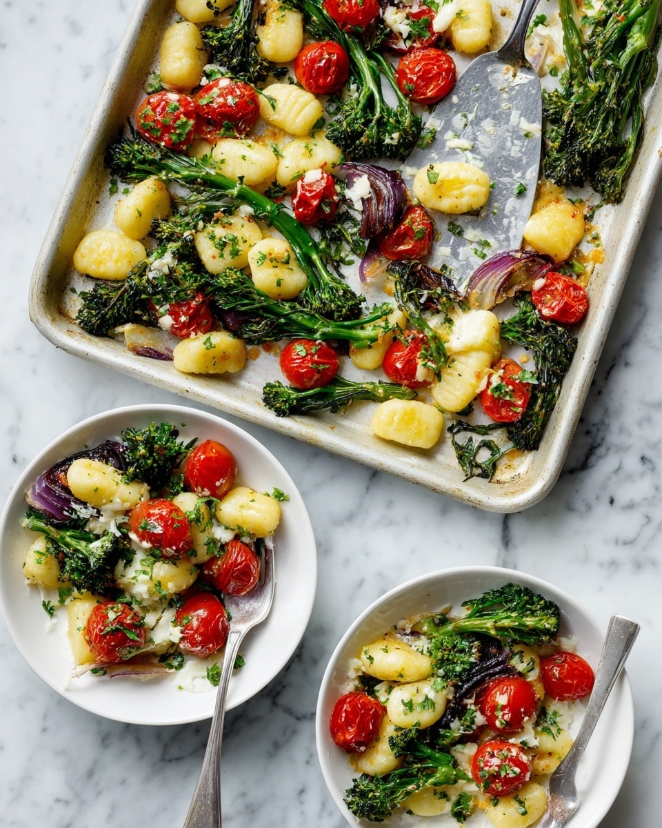 The image shows two white bowls on a white marbled surface filled with a colorful mix of food. Each bowl has about three layers: at the bottom, there are golden, oval-shaped gnocchi; above these, there are charred green broccolini stalks with some dark spots, and bright red roasted cherry tomatoes; the top layer consists of soft, cream-colored pieces of cheese sprinkled with small green herbs. Near the bowls, there is a silver fork in one bowl and a glass of water at the bottom edge of the image. Above the bowls, a baking sheet holds more gnocchi, broccolini, tomatoes, and cheese in the same arrangement, with a silver spatula scooping some food onto one of the bowls. The baking sheet sits on the same white marbled surface, scattered with bits of herbs. The photo taken with an iphone --ar 4:5 --v 7