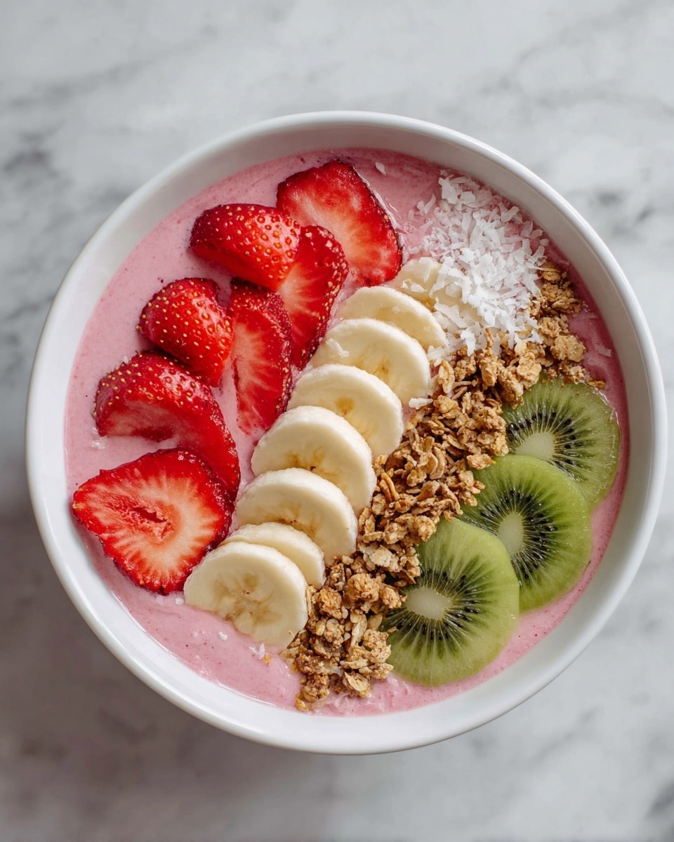 A white bowl filled with a pink smoothie base, topped in neat rows starting from the left with bright red strawberry slices, followed by light yellow banana slices, then a strip of golden brown granola mixed with white coconut flakes, and finally three green kiwi slices on the right side. The bowl sits on a white marbled surface. Photo taken with an iphone --ar 4:5 --v 7