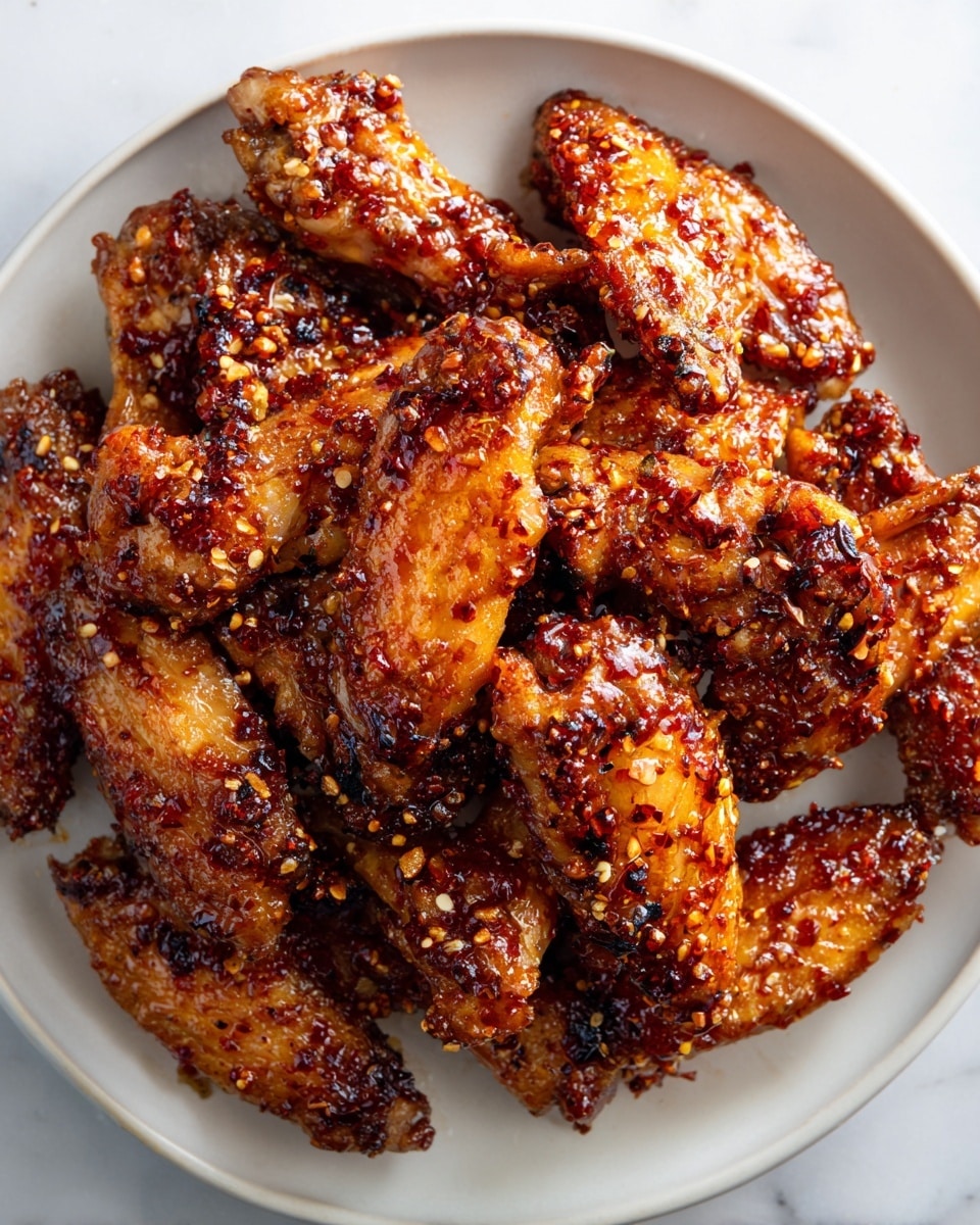 A round white plate filled with about fifteen crispy chicken wings, each wing coated in a sticky reddish-brown sauce with small bits of seasoning and a slightly shiny texture. The wings are arranged closely together, showing some charred spots that add a darker brown color and a crispy appearance. The plate rests on a white marbled surface that contrasts with the rich colors of the wings. photo taken with an iphone --ar 4:5 --v 7