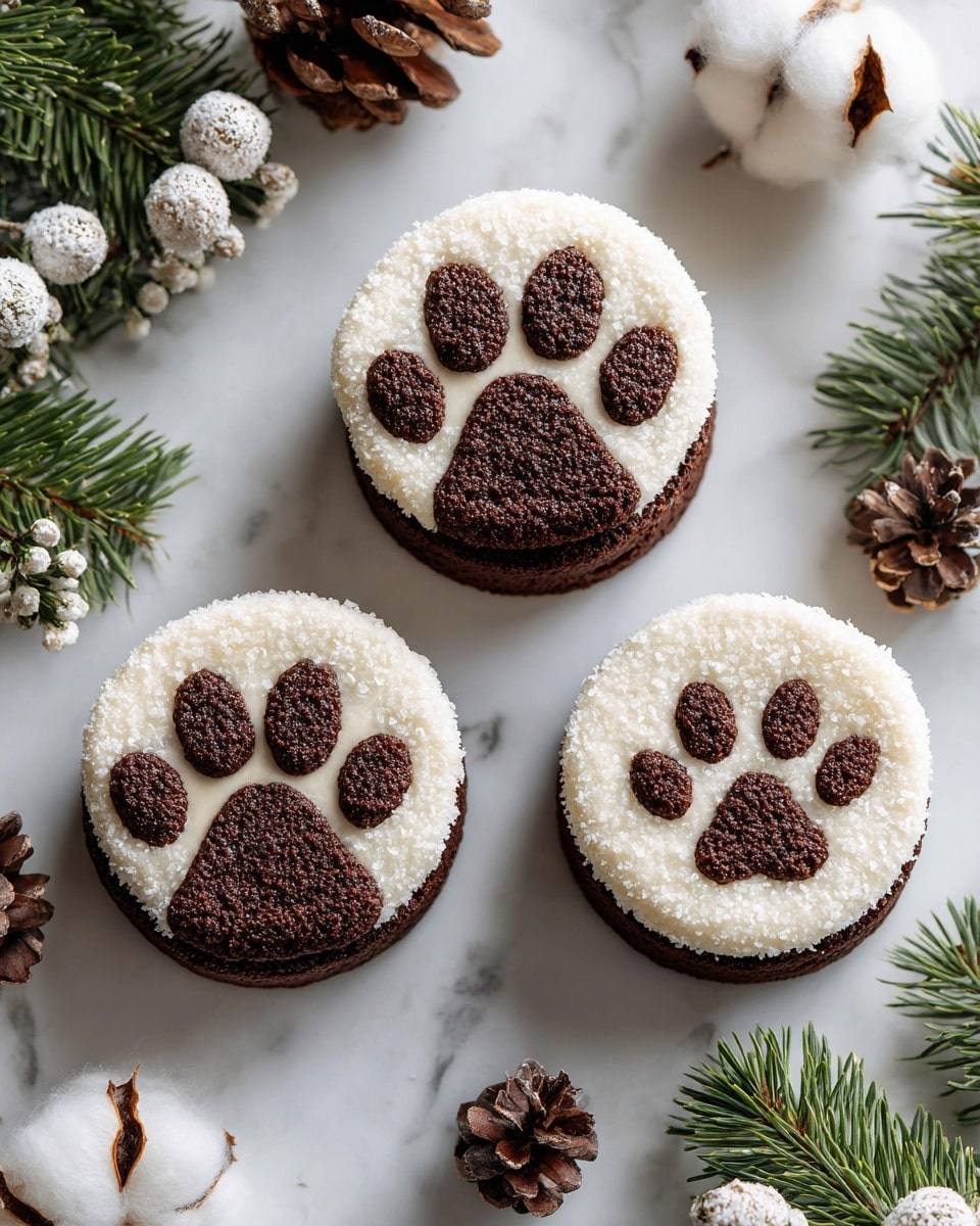 The image shows three round cookies on a white marbled surface, each with two layers. The bottom layer is a dark brown cookie base, topped with a thick layer of snowy white frosting with a rough texture, resembling sugar crystals. On each frosted cookie, there is one large round dark chocolate piece in the center and four smaller round dark chocolate pieces arranged above it like a paw print. The cookies are surrounded by pine cones, cotton flowers, green pine needles, and white berries, adding a natural, festive feel. Photo taken with an iphone --ar 4:5 --v 7