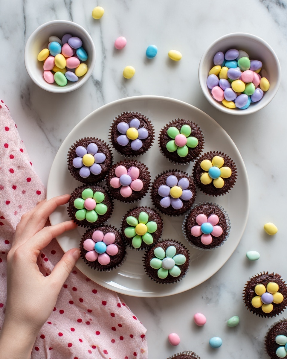 A white plate full of small round chocolate cookie cups arranged neatly, each topped with colorful pastel candy pieces in flower shapes; each flower has six outer petals and one center candy, colors include light pink with yellow center, yellow with pink center, light blue with yellow center, light purple with yellow center, and green with yellow center. There are some loose candies scattered on a white marbled surface around the plate, along with a small white bowl filled with more pastel candies and one brown bowl holding a cookie cup. The cookies have a rough dark brown texture and contrast with the smooth, shiny candies. photo taken with an iphone --ar 4:5 --v 7