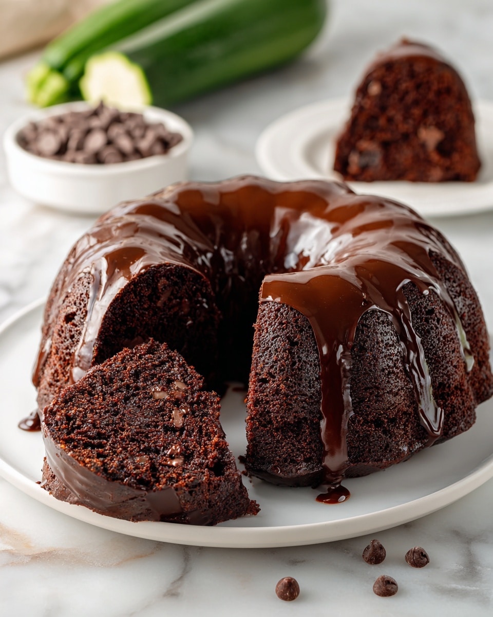 A single slice of dark brown chocolate cake with a dense, moist texture sits on a white plate in the center of the image. The slice is covered with a smooth, glossy dark chocolate layer on top and sides. The slice reveals small bits of lighter green zucchini inside the cake. The cake is set on a white marbled surface, with scattered dark chocolate chips around. There are whole zucchinis and another slice of cake on a white plate blurred in the background. Photo taken with an iphone --ar 4:5 --v 7