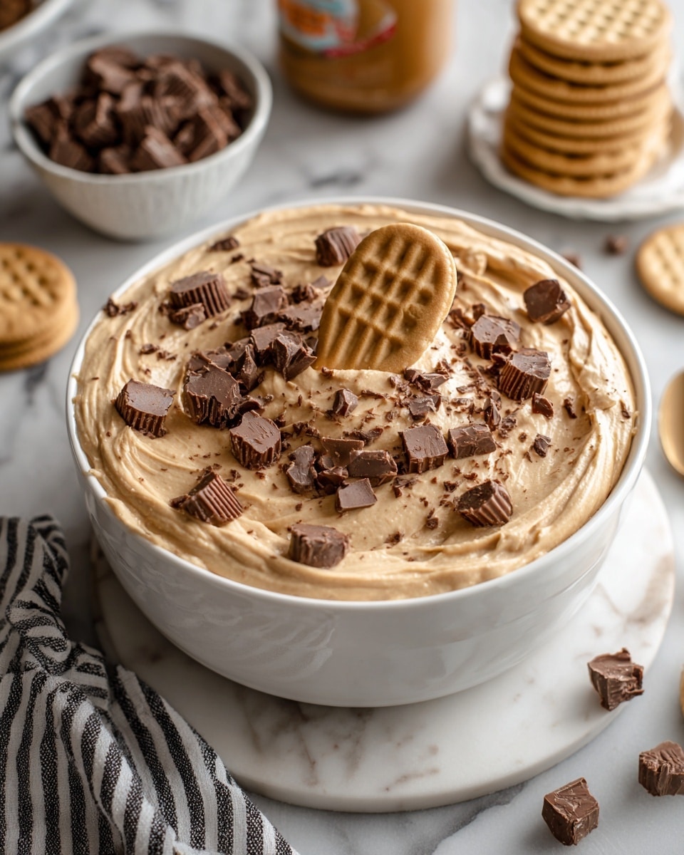A white bowl full of creamy light brown peanut butter dip with a thick and smooth texture. On top, there are many small pieces of dark brown chocolate peanut butter cups scattered evenly, each showing a creamy light brown peanut butter center. One whole peanut-shaped cookie stands upright in the middle of the dip. The bowl sits on a wooden surface with a white marbled background and some peanut butter and chocolate pieces blurred behind it. A woman's hand holds a white and beige striped cloth near the bowl photo taken with an iphone --ar 4:5 --v 7