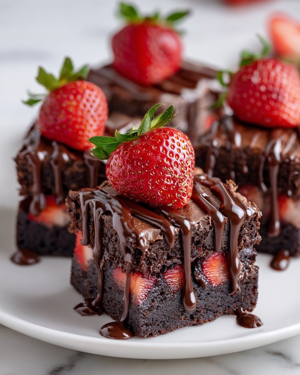 The image shows three square pieces of chocolate brownies on a white plate placed on a white marbled surface. Each brownie has two visible layers: a bottom layer of dense, dark brown cake with chunks of bright red strawberries inside it and a top layer covered with a glossy drizzle of melted chocolate. On top of each brownie piece, there are fresh, sliced strawberries with their green leaves still attached, adding a bright red and green contrast against the dark chocolate. Photo taken with an iphone --ar 4:5 --v 7