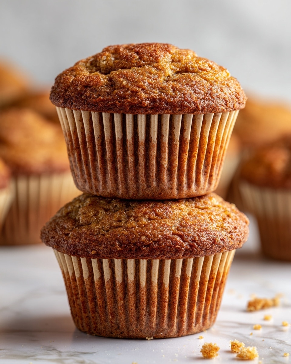The image shows a close-up of two golden brown muffins stacked on top of each other with a rough, slightly cracked top, sitting on a white marbled surface. The muffins have a moist texture with some small crumb details and are wrapped in pleated brown paper cups. In the softly blurred background, other muffins appear, all arranged naturally, creating a warm and inviting scene. Photo taken with an iphone --ar 4:5 --v 7