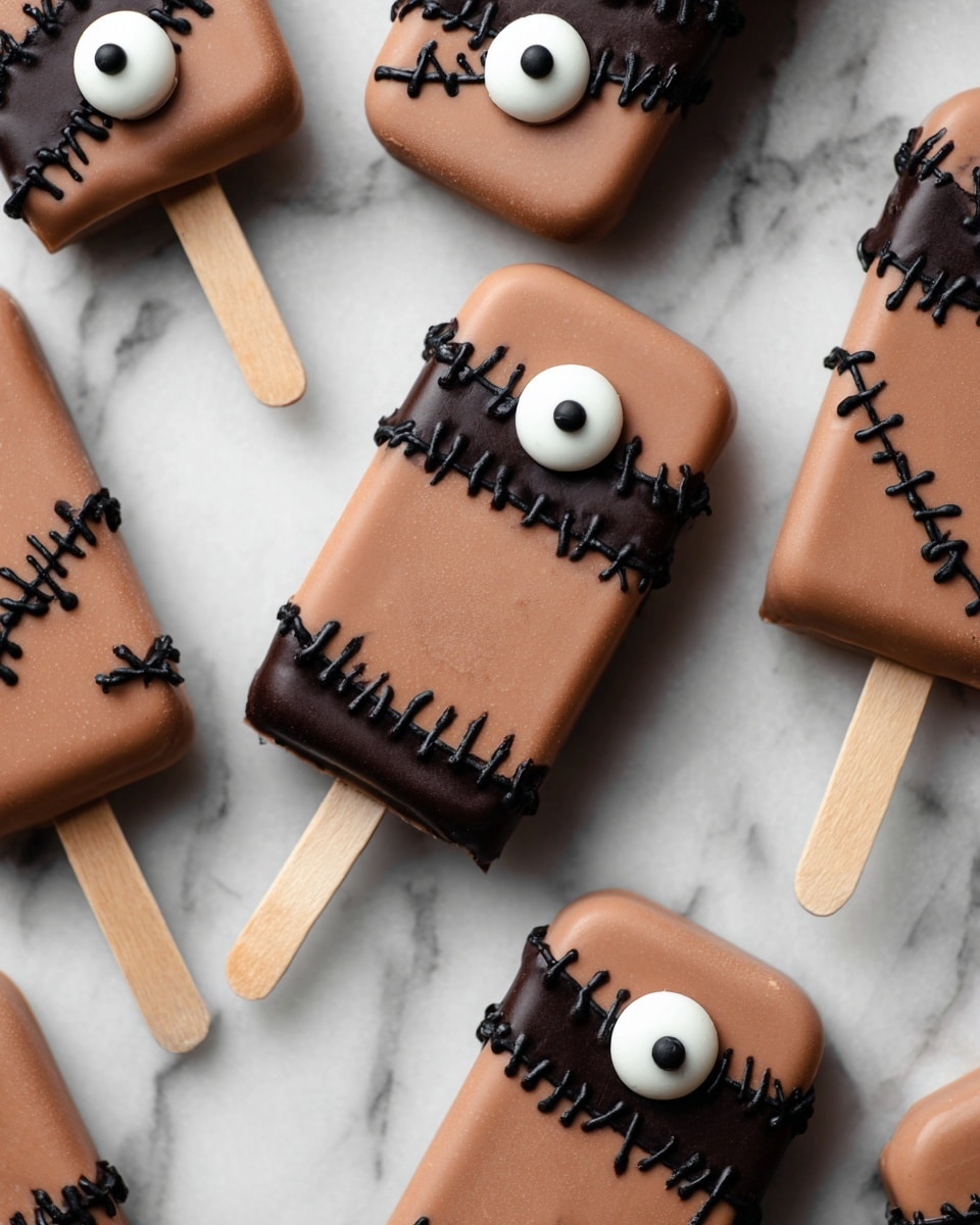 The image shows several square chocolate-covered popsicles on a white marbled surface. Each popsicle has one or two cake layers coated with smooth, shiny brown chocolate. On top of the chocolate, there is dark chocolate piping creating zigzag stitches and curved lines for a stitched face look. One white candy eye with a black pupil is placed near the top center of each popsicle, with dark chocolate circles and lines around it adding detail. Light wood sticks hold some popsicles, placed in a scattered arrangement. The scene has soft, natural light and clear focus. photo taken with an iphone --ar 4:5 --v 7