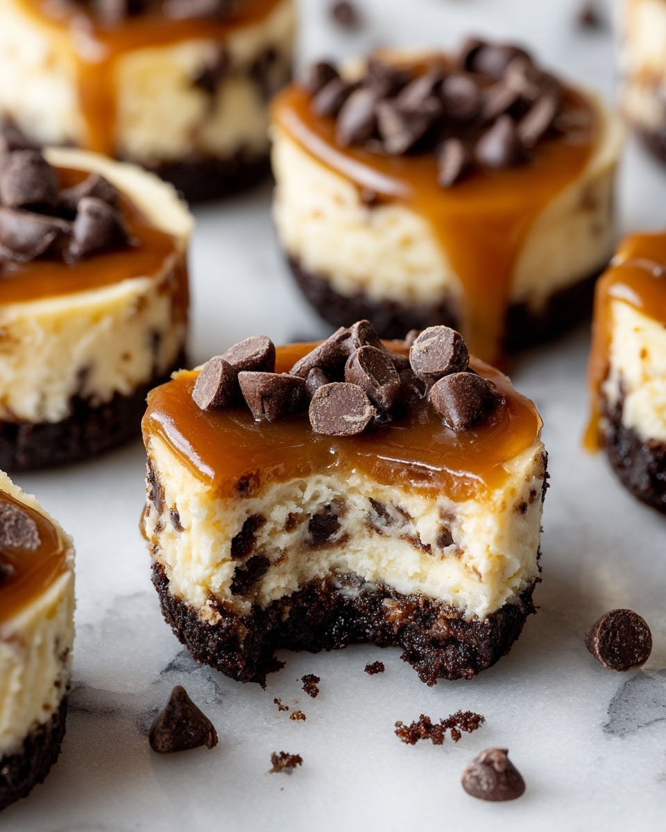 The image shows small round desserts with three clear layers, placed on a light brown parchment paper on a white marbled surface. The bottom layer is dark brown and crumbly, appearing like a cookie or crust. The middle layer is creamy white with a smooth texture mixed with many small dark chocolate bits. The top layer is a glossy, thick caramel sauce, slightly spilling over the edge, and sprinkled with more dark chocolate chips. One dessert in the front has a bite taken out, revealing all the layers clearly. Photo taken with an iphone --ar 4:5 --v 7