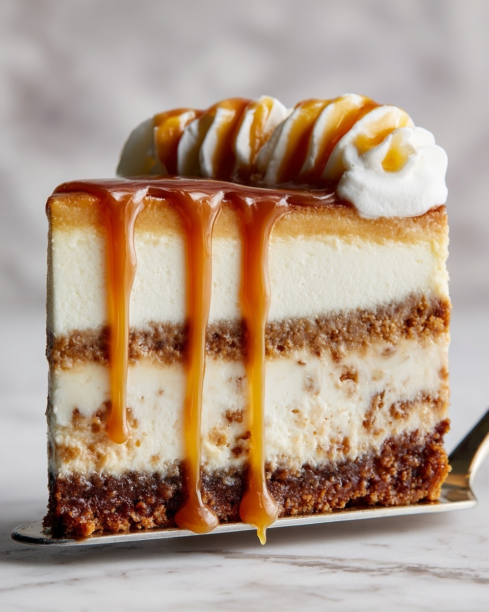 A three-layer pumpkin cheesecake sits on a round wooden stand with a bark edge. The bottom layer is a dark brown crust, firm and textured. The middle layer is a thick, smooth pumpkin cheesecake in a warm orange color with some lighter spots. The top layer is a fluffy, white whipped cream spread unevenly, creating soft peaks. In the blurry background, there is a white vase with colorful fall leaves in shades of red, orange, and yellow. All this rests on a white marbled surface. photo taken with an iphone --ar 4:5 --v 7
