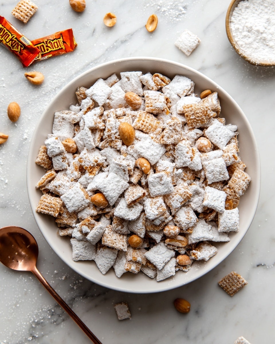 The image shows a close-up of many small square pieces of snack mix covered in a thick layer of white powdered sugar. The snack pieces have a rough texture with visible cereal grids and some nuts mixed in. The colors are mostly light brown and golden underneath the white powder. On the right side, a shiny gold spoon holds several pieces of the mix, resting on a white marbled surface scattered with more of the powdered snack pieces. The overall look is crunchy and sweet. photo taken with an iphone --ar 4:5 --v 7