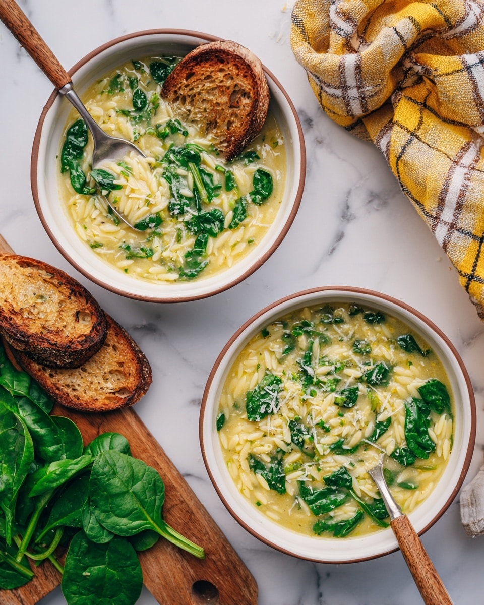 Two white bowls with light brown rims hold a soup made with small white orzo pasta, bright green spinach leaves, and fluffy small white curds spread evenly in a light yellow broth. In the bowl at the bottom, a silver spoon with a wooden handle scoops up some soup, showing the shiny pasta and spinach in the broth. A piece of light brown toasted bread with holes sits on the left side inside the bowl. The bowls are placed on a white marbled surface with a folded yellow and brown checked cloth near the bottom left corner. Photo taken with an iphone --ar 4:5 --v 7