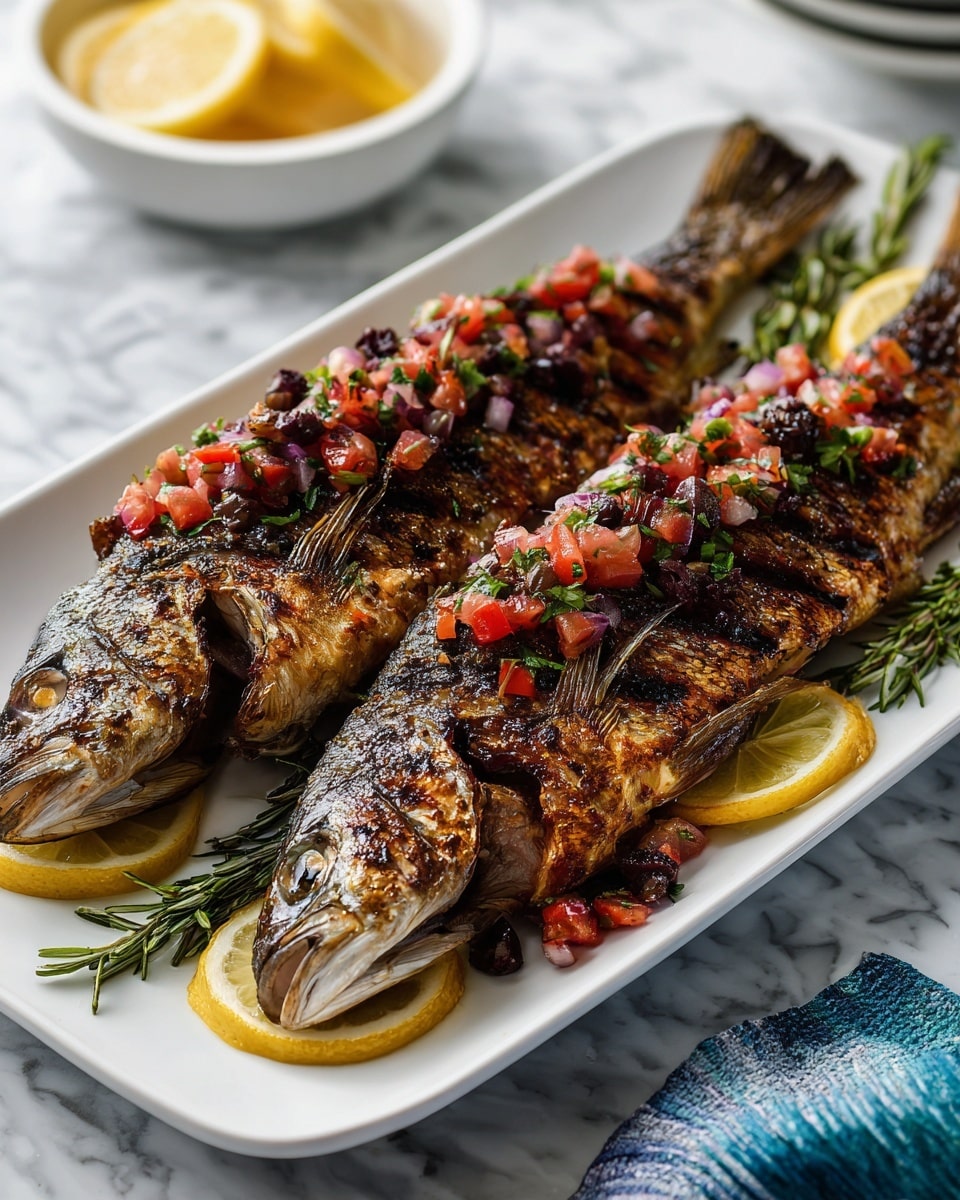 Two grilled whole fish with golden brown skin lie side by side on a white rectangular plate. The fish are topped with a mix of diced red tomatoes, purple onions, green herbs, and olives, adding bright red, purple, and green colors across their bodies. Underneath the fish are thin, yellow lemon slices and sprigs of green rosemary, providing a base layer that peeks from the edges. The plate is placed on a white marbled surface, with a glimpse of a blue-rimmed bowl of red diced tomatoes mixed with herbs at the top left and a small bowl with lemon wedges at the top right, partly visible. photo taken with an iphone --ar 4:5 --v 7
