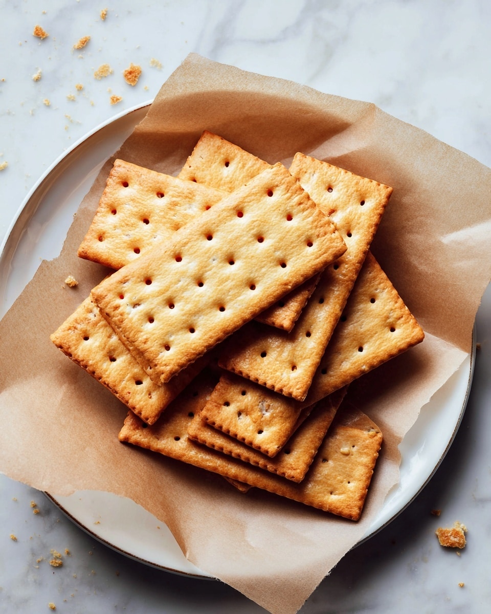 A white oval plate holds two layers of rectangular graham crackers with a warm brown color and a rough texture. Each cracker has small evenly spaced holes in rows. The bottom layer is mostly covered by the top layer, which is arranged slightly messy with some crackers overlapping. The plate is set on a white marbled surface with a piece of light brown parchment paper under the crackers. There are a few crumbs scattered around the plate. photo taken with an iphone --ar 4:5 --v 7
