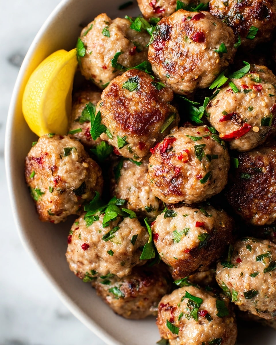 The image shows a close-up of many round meatballs in a white bowl, all covered with small green herb pieces and tiny red bits, showing a shiny, moist surface. There is one small wedge of lemon tucked in near the bottom left side. The bowl rests on a white marbled surface, and the meatballs take up all the space inside the bowl, stacked and touching each other tightly. photo taken with an iphone --ar 4:5 --v 7