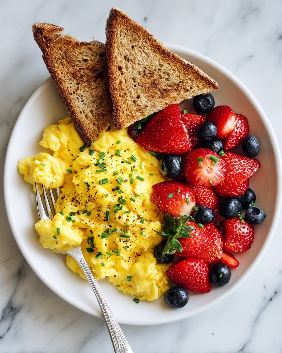 A white plate on a white marbled surface holds a breakfast of two triangular pieces of toasted brown bread placed at the top center, a generous portion of creamy scrambled eggs sprinkled with small green chives at the middle left, and a mix of fresh strawberries and blueberries positioned on the right side. A silver fork rests partially on the eggs at the bottom left of the plate. The eggs have a soft, slightly lumpy texture with light yellow color, while the toast shows a toasted brown, crispy surface. The berries add vibrant red and deep blue colors to the scene. Photo taken with an iphone --ar 4:5 --v 7