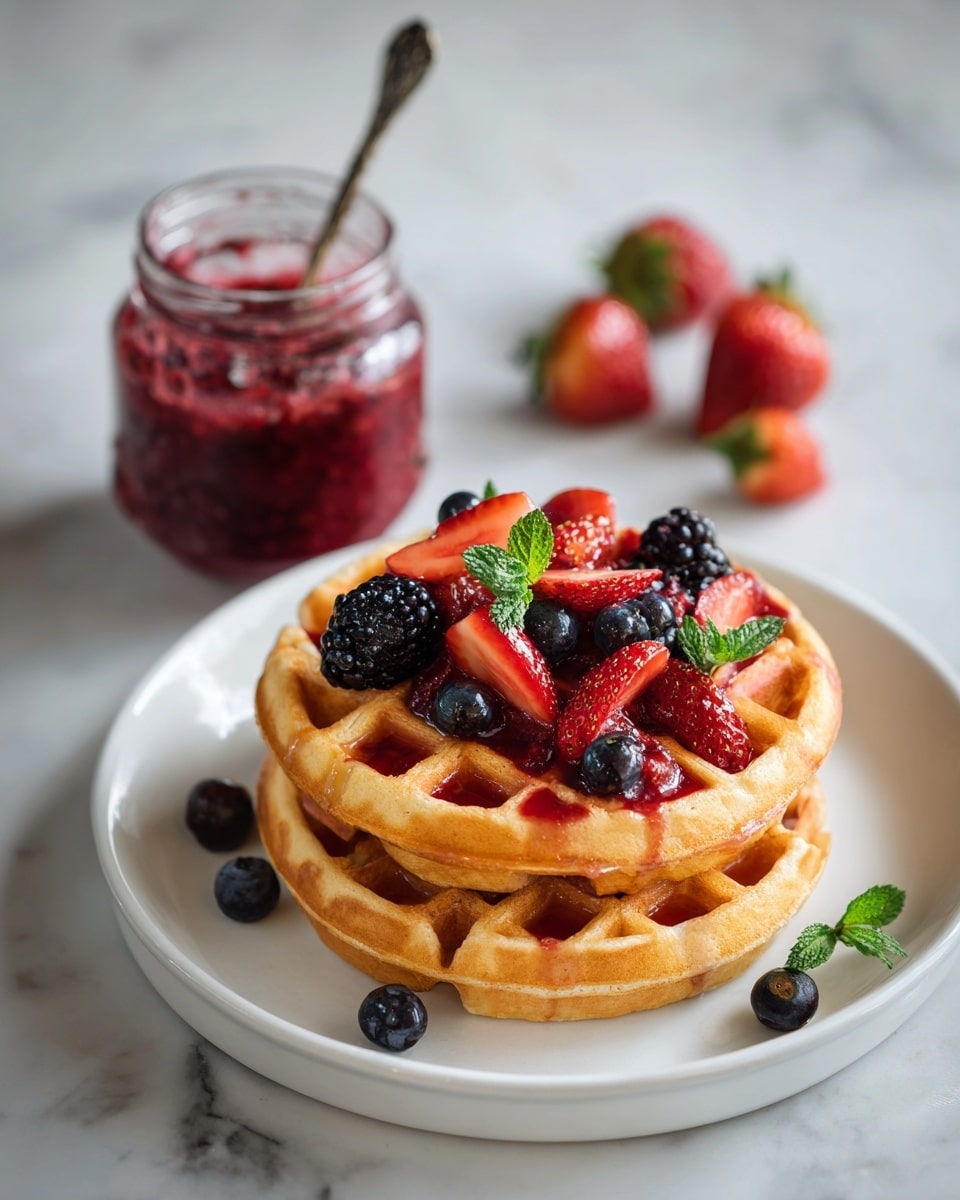 Two golden brown waffle layers are stacked on a white plate, topped with fresh mixed berries including whole strawberries, blackberries, and blueberries scattered in the center along with green mint leaves for color contrast; behind the plate is another waffle with similar berry decoration and more mint leaves. To the left, there is a clear glass filled with a red berry sauce and a spoon inside, placed on a white marbled surface with some strawberries and green leaves around. The overall image is bright and colorful with natural lighting, photo taken with an iphone --ar 4:5 --v 7