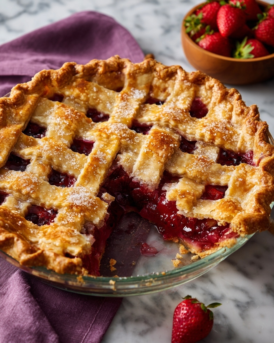 A round pie in a clear glass dish with a golden brown crust on the edges and a lattice top made of wide pastry strips. The lattice reveals a red, juicy filling made of strawberries and other berries, which is slightly bubbling and spilling out in some spots. Coarse sugar crystals are sprinkled on the crust, giving it a sparkling look. One slice is missing, showing the thick, rich red filling inside. The pie sits on a white marbled surface with a pink cloth nearby and a wooden bowl filled with fresh red strawberries in the top right corner. Photo taken with an iphone --ar 4:5 --v 7