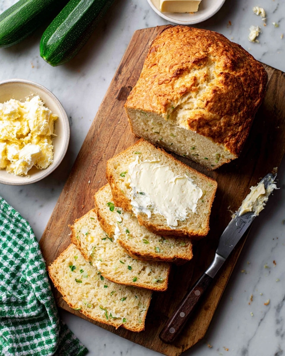 A loaf of golden-brown zucchini bread sits on a wooden cutting board with a cracked and slightly textured top, showing a few visible bits of green zucchini throughout. One slice at the front is spread with melting butter, adding a creamy white layer on top of the soft, dense inner bread which has a light brown color with small air pockets. Next to the bread, there is a silver knife with some butter on the blade, and a small white bowl filled with butter nearby. A green and white checkered cloth and two fresh zucchinis lie beside the board, all placed on a white marbled surface. photo taken with an iphone --ar 4:5 --v 7