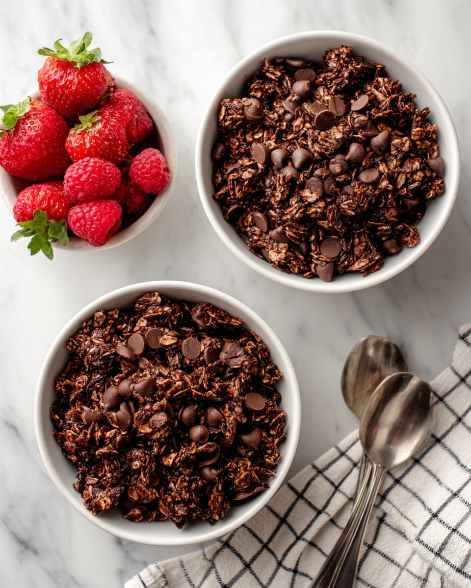 The image shows a top-down view of various ingredients in separate small white bowls arranged on a white marbled surface. At the top left is a bowl of golden honey with a smooth, shiny texture. Next to it on the right is a white bowl filled with dark mini chocolate chips that have a matte finish. Below the honey, a small white bowl holds light brown soft brown sugar with a slightly grainy texture. In the center is a white bowl filled with dark brown cocoa powder, smooth and fine. At the bottom right, a white bowl contains beige rolled oats with a rough texture, and also near the bottom middle is a small white bowl of finely ground flaxseed that is light brown and powdery. Below the oats, a clear bowl holds solid white coconut oil with a fluffy texture. To the right, a small wooden bowl contains fine white salt. A tiny clear bowl at the bottom left has dark amber vanilla extract. All the bowls are placed neatly with enough space between them. The overall scene is bright with soft natural lighting, photo taken with an iphone --ar 4:5 --v 7