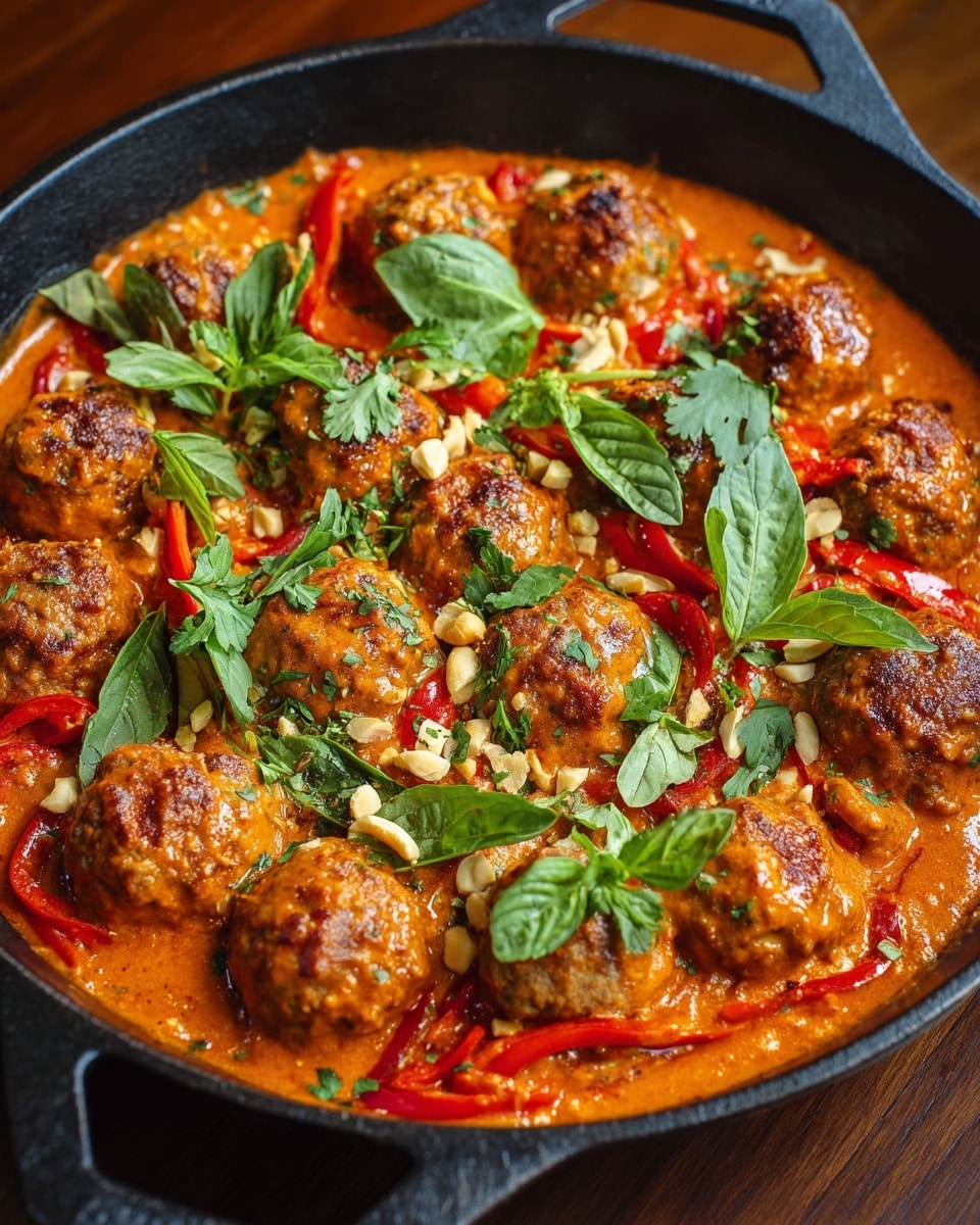 A black pan filled with about fifteen golden brown meatballs covered in thick, orange creamy sauce. Red bell pepper strips are scattered around and partially under the meatballs. On top, fresh green basil leaves and cilantro leaves add a contrasting bright green color. Light tan peanut halves are sprinkled across the dish, adding texture. The sauce shines with a rich, smooth texture that spreads evenly. Photo taken with an iphone --ar 4:5 --v 7