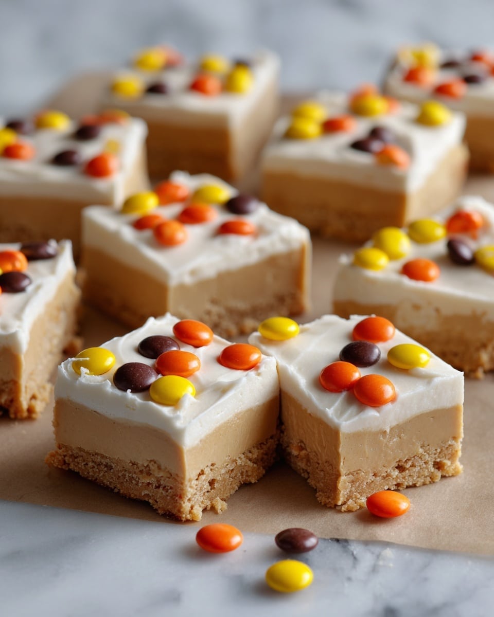 The image shows a number of snack bars cut into both triangle and square shapes, all laid out on a light brown parchment paper over a white marbled surface. Each bar has two visible layers: a light brown bottom layer that looks soft and crumbly, and a thick, smooth white top layer. On top of the white layer, there are colorful candy pieces in orange, yellow, and dark brown, some whole and others broken into small bits scattered around. The bars vary slightly in size and have clean edges, with crumbs and candy bits spread around them. photo taken with an iphone --ar 4:5 --v 7