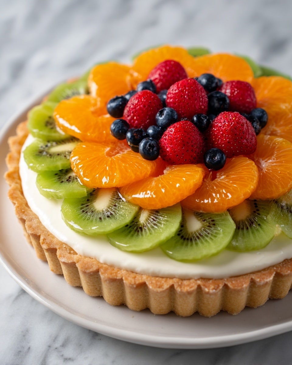 A round tart on a white plate with a light brown crust forms the base, topped with a smooth white cream layer. On top, there is a ring of green kiwi slices around the edge, each with a soft texture and dark seeds. Inside this, a circle of bright orange mandarin segments creates a second layer. In the center, there is a cluster of red strawberry slices arranged like petals, topped with shiny dark blue blueberries and red raspberries, adding depth and color contrast. The tart sits on a white marbled surface with a clear glass of water nearby. Photo taken with an iphone --ar 4:5 --v 7