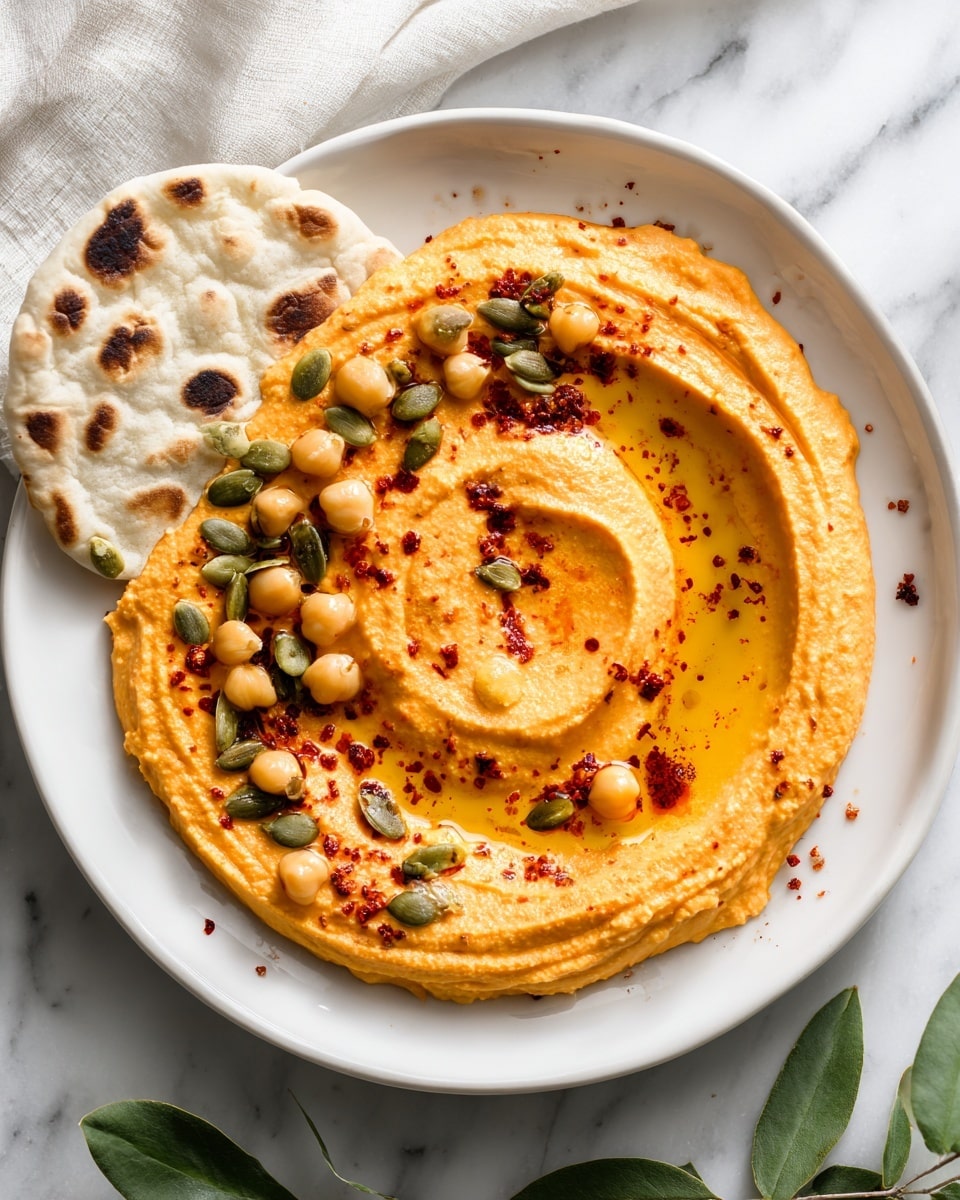 A white plate holds a smooth round layer of light orange hummus, swirled with ridges creating a shallow well in the center filled with golden olive oil. On top of the hummus, there is a sprinkling of whole chickpeas, green pumpkin seeds, and reddish paprika powder scattered around. The edge of the plate has pieces of white flatbread with dark toasted spots resting partly on the hummus. The background is a white marbled surface with a soft white cloth on the upper left and a few green eucalyptus leaves near the bottom. Photo taken with an iphone --ar 4:5 --v 7