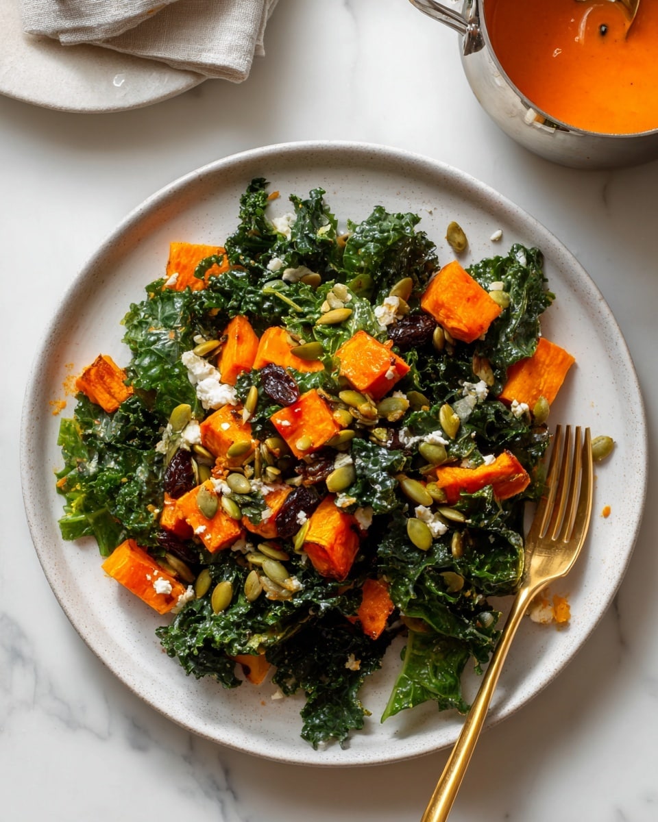 A close-up of a white plate filled with a salad made of three main layers: the base layer consists of bright orange roasted pumpkin cubes with a crispy outside, the middle layer is chopped green kale with a slightly curly texture, and the top layer has creamy white crumbled cheese mixed with a sprinkle of light brown pumpkin seeds and dark browned bits, possibly caramelized onions or nuts. A golden fork rests on the right side of the plate with some salad on it. The plate is placed on a white marbled surface with a pot containing sauce or dressing seen partially in the top right corner, with some sauce spilled around the pot. Photo taken with an iphone --ar 4:5 --v 7