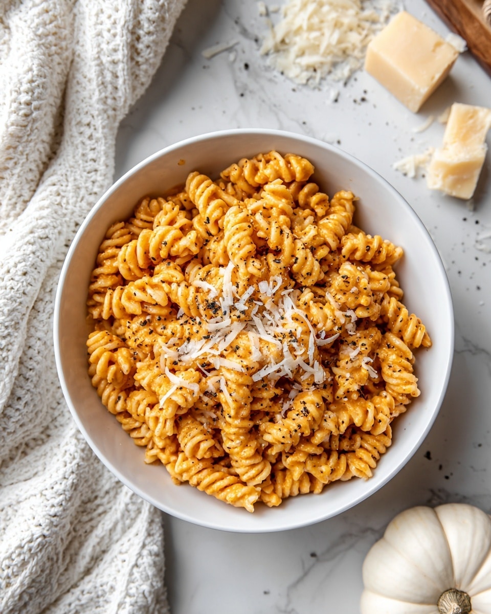 A white speckled bowl filled with a single layer of curly pasta in a light orange cheese sauce, topped with thin white shredded cheese and sprinkled evenly with small black ground pepper bits; the bowl rests on a white marbled surface, with two chunks of yellow cheese and some loose shredded cheese scattered to the top right and a soft chunky cream knit fabric slightly visible at the top left, along with a small, white pumpkin shape near the bottom left corner, photo taken with an iphone --ar 4:5 --v 7