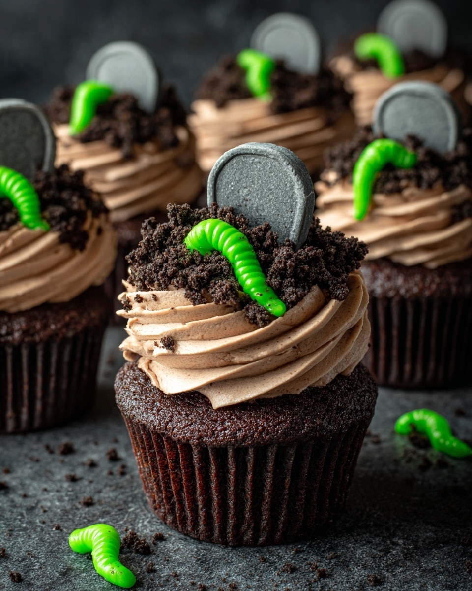 The image shows dark brown chocolate cupcakes each topped with a swirl of light brown creamy frosting. Over the frosting, there is a layer of dark chocolate cookie crumbs that look like soil. Each cupcake is decorated with small grey tombstone-shaped candies standing upright in the frosting and green gummy worms partially buried in the cookie crumb layer. The cupcakes are close together on a dark surface with a blurred dark background, highlighting their detailed decoration. photo taken with an iphone --ar 4:5 --v 7