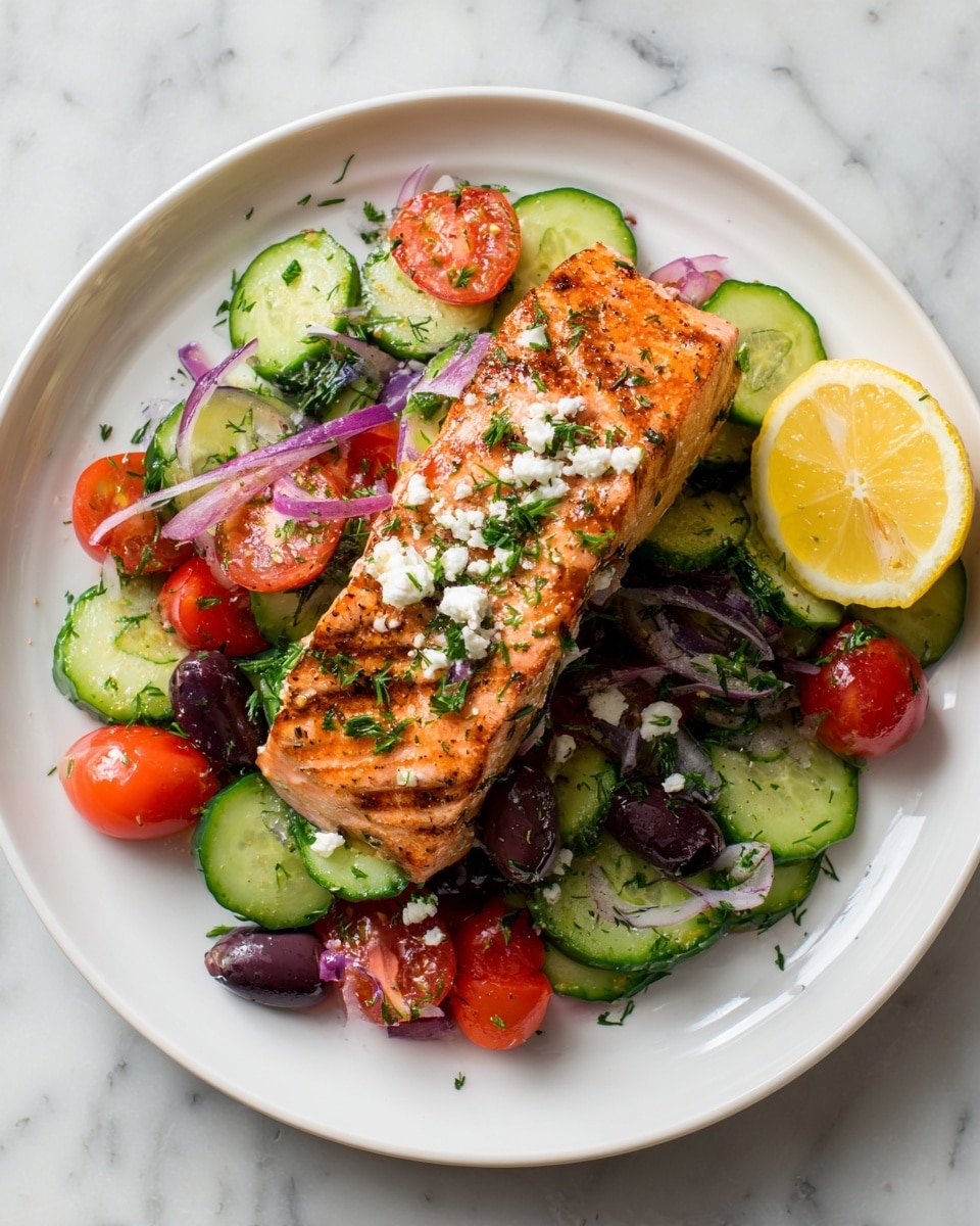 A white plate sits on a white marbled surface, holding a colorful dish with two main layers. The bottom layer is a fresh salad made of bright red cherry tomatoes, dark purple olives, green cucumber slices, and bits of purple onion, all mixed together with small green herb leaves. On top rests a grilled salmon fillet, orange with light grill marks and specks of black pepper, dotted with small white cheese crumbles and sprinkled herbs. A lemon wedge with a bright yellow color is placed on the left side of the plate. The photo taken with an iphone --ar 4:5 --v 7
