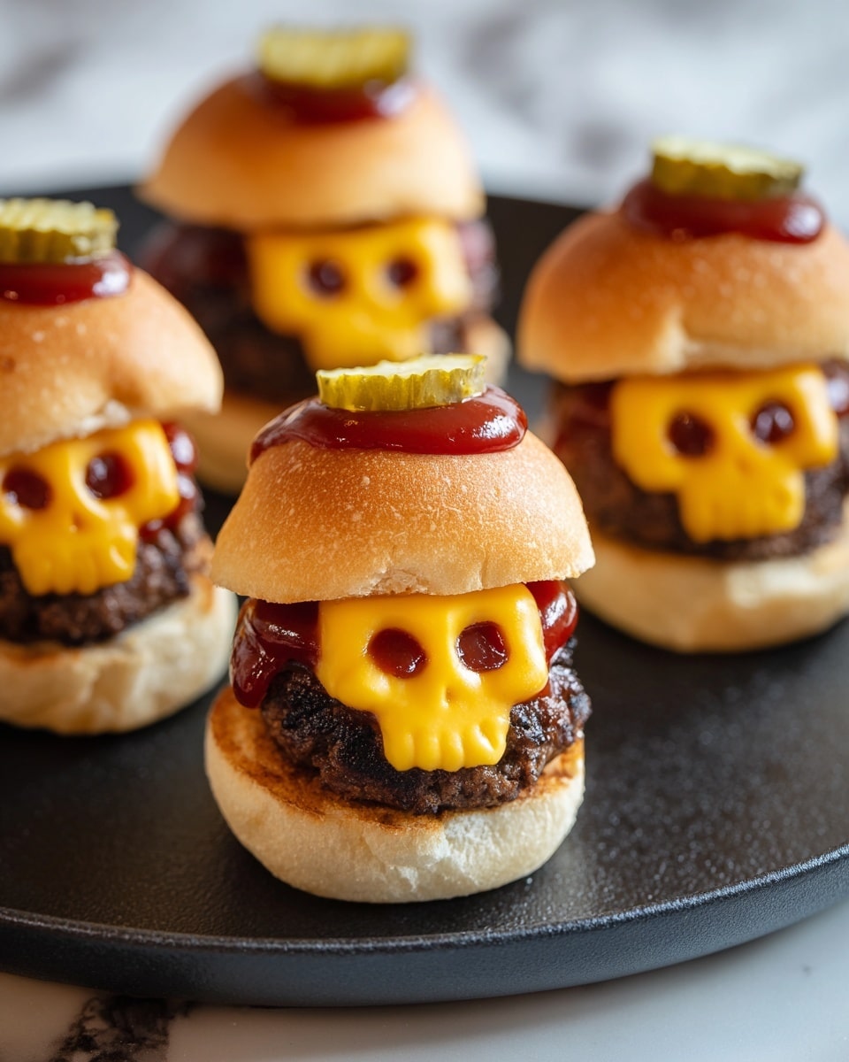 Four small burgers are arranged on a dark round pan, each burger made to look like a skull. The bottom bun supports a dark brown patty, topped with melted bright orange cheese shaped like a skull face, with ketchup filling the eye and nose holes to create a hollow effect. The top bun is light golden brown with a shiny surface and has two green pickle slices on a squiggle of ketchup. The background is softly blurred with a warm tone, and the pan sits on a white marbled surface. photo taken with an iphone --ar 4:5 --v 7