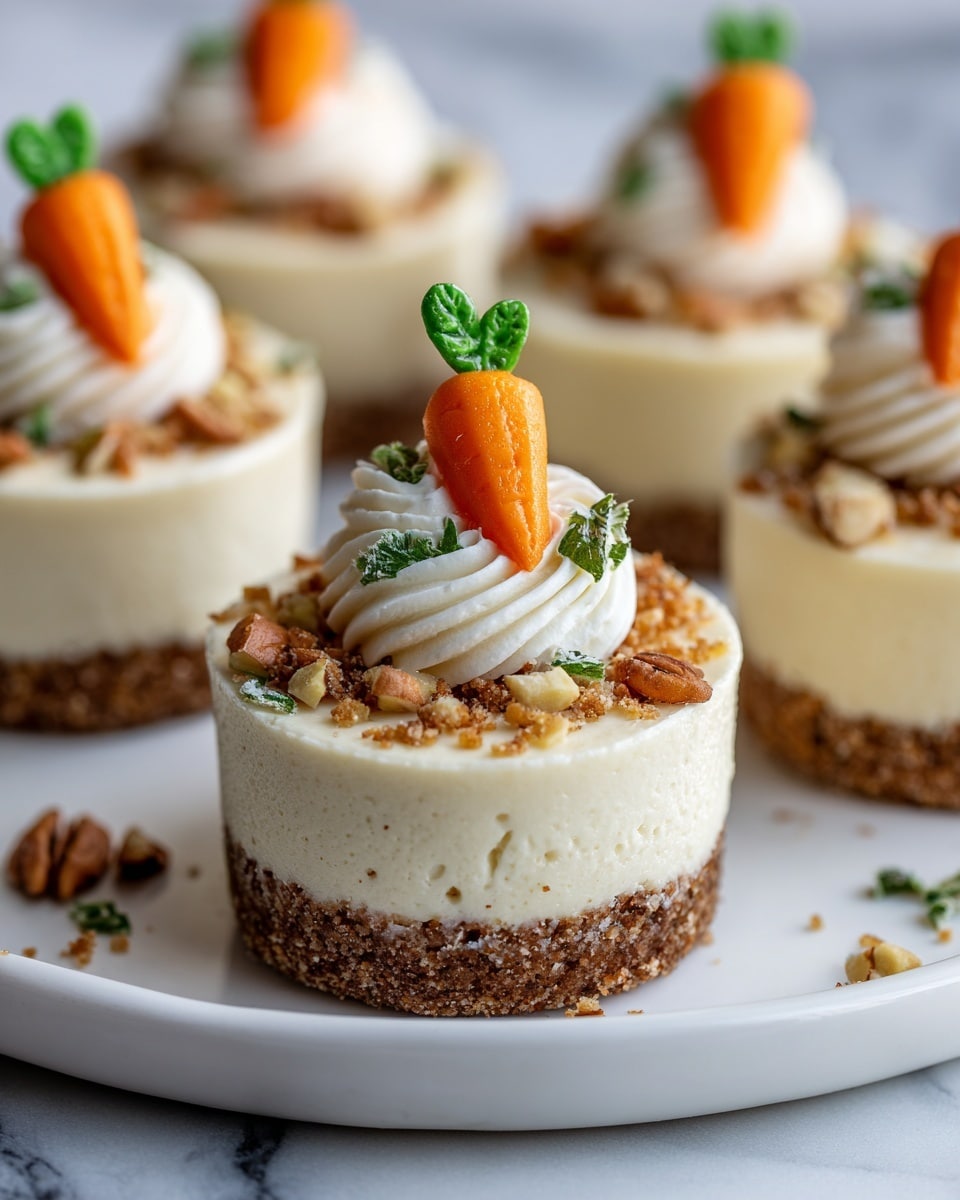 The image shows several small cheesecake cups on a white plate, each with three visible layers; the bottom layer is a textured, crumbly light brown crust, the middle layer is a smooth creamy white cheesecake filling, and the top layer is sprinkled with finely crushed crumbs. On top of each cheesecake, there is a swirl of white whipped cream, decorated with tiny orange carrot-shaped candies with green tops, and small bits of crushed nuts are scattered around the cream. The background is softly blurred with a white marbled texture beneath the plate. Photo taken with an iphone --ar 4:5 --v 7