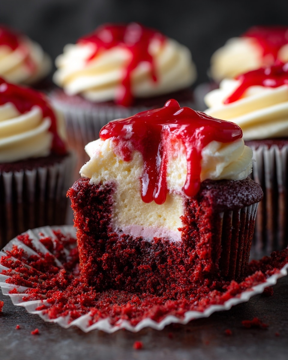A close-up view of a red cupcake with three main layers: a dark red soft cake base, a middle light pink creamy filling, and a thick off-white frosting on top. The frosting is swirled in a rounded shape and has bright red sauce dripping down the sides. The cupcake is partly unwrapped from a white paper cup, with crumbs and red sauce drips on a dark surface. In the blurred background, more similar cupcakes with the same three layers and red sauce topping are visible. photo taken with an iphone --ar 4:5 --v 7