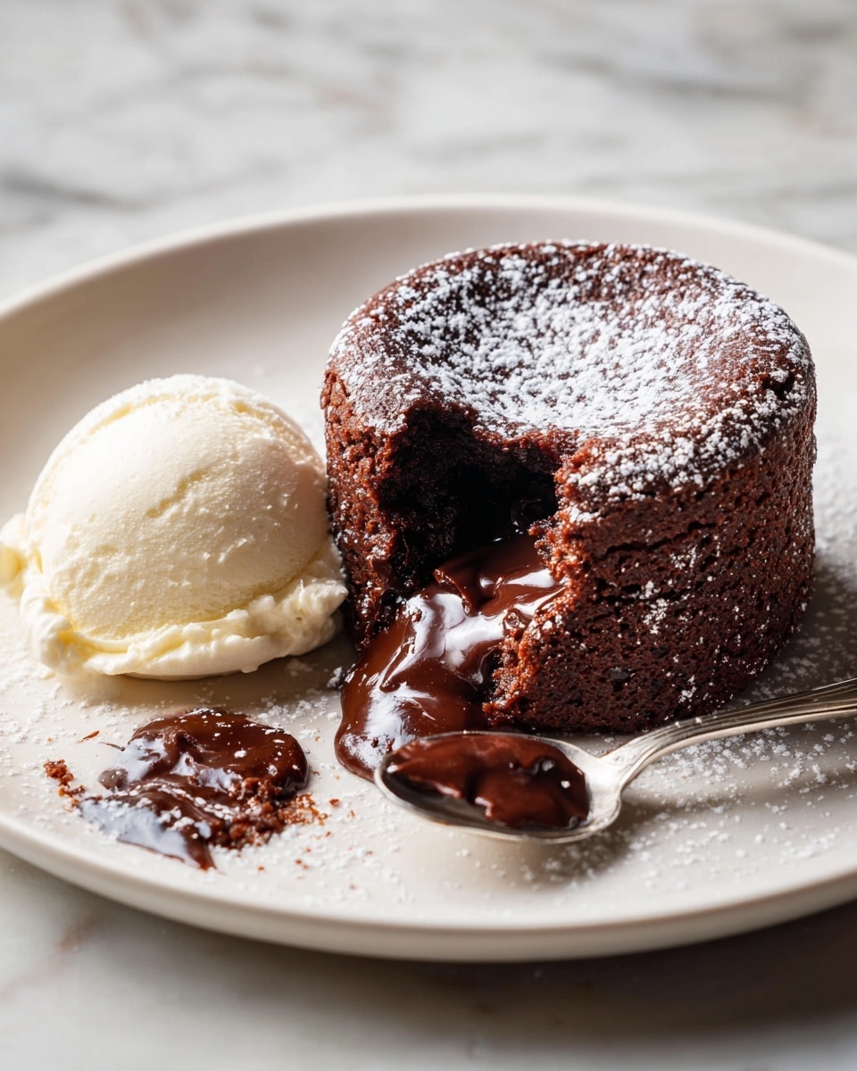 A white round plate on a white marbled surface holds a chocolate lava cake with a soft, rich dark brown melted chocolate center flowing out from a small piece removed near the top. The cake has a rough, slightly cracked outer texture with a light dusting of white powdered sugar on top. To the left of the cake, there is a smooth, round scoop of creamy pale vanilla ice cream. A silver spoon rests on the right edge of the plate, catching some of the chocolate sauce. In the background, a blurred light-colored cloth adds warmth to the scene. Photo taken with an iphone --ar 4:5 --v 7