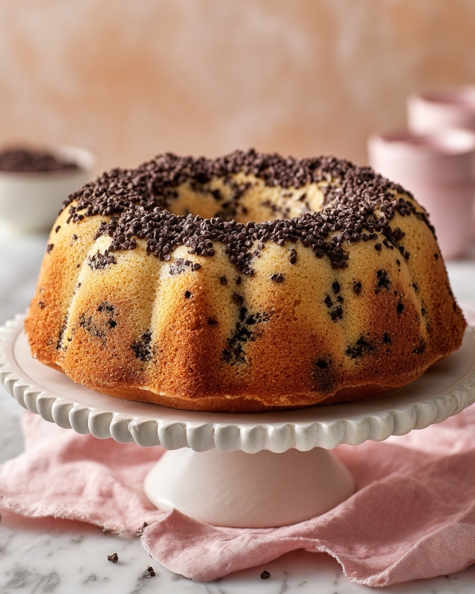 A tall, round bundt cake sits on a white ceramic cake stand with a ruffled edge, placed on a soft pink cloth over a white marbled surface. The cake is golden brown with a smooth, slightly shiny texture and is filled with dark chocolate chips evenly spread inside. The top layer is sprinkled with extra chocolate chips that add a darker contrast. A wedge has been removed, showing the soft inside dotted with chocolate chips. In the background, kitchen cabinets and a blurred utensil holder are visible. Photo taken with an iphone --ar 4:5 --v 7