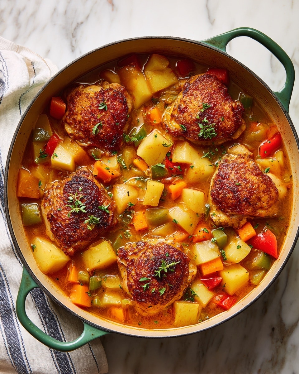 A green cooking pot filled with a colorful stew sits on a white marbled surface. Inside, there are four large golden-brown chicken pieces on top, each with a slightly crispy texture and small green herb leaves scattered across them. Beneath the chicken are visible layers of chunky vegetables including bright orange carrots, green bell peppers, red peppers, and light yellow potatoes all mixed in a rich, red tomato-based broth. The overall look is warm and hearty, with fresh herbs adding a touch of green on top. Photo taken with an iphone --ar 4:5 --v 7