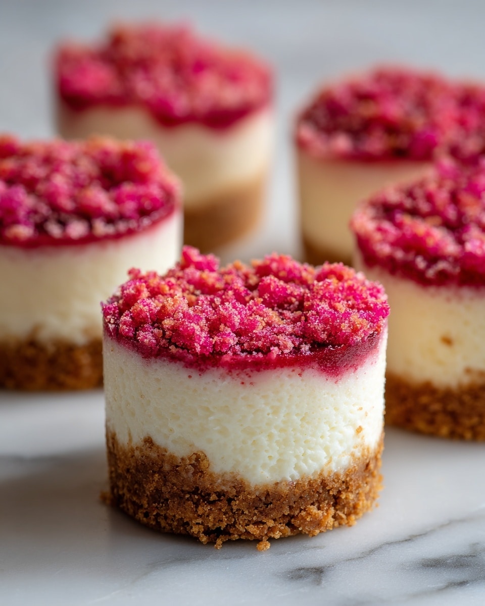 This image shows several small round cheesecake cups placed close together on a white marbled surface. Each cheesecake has three clear layers: the bottom layer is a thick crumbly light brown crust, the middle layer is a smooth creamy off-white filling, and the top layer is crumbly with small pink and red bits scattered unevenly. The texture of the top layer looks rough and slightly bumpy, with some pieces sticking out. The cheesecake cups are in white containers, and the focus is on the ones in front, with the background cakes softly blurred. photo taken with an iphone --ar 4:5 --v 7