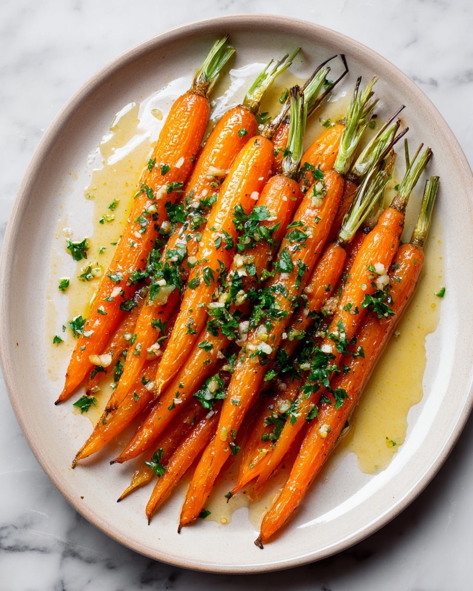 A round white plate holds a neat row of ten glazed carrots, each vibrant orange with a shiny, slightly caramelized surface. The carrots have small green tops still attached, and they rest in a shallow pool of golden sauce that reflects light softly. Finely chopped parsley leaves sprinkled evenly over the carrots add a fresh green contrast. The plate is set on a white marbled surface, enhancing the bright colors and glossy textures of the dish. Photo taken with an iphone --ar 4:5 --v 7
