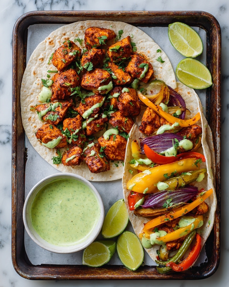 A white tray filled with four layers: the top left shows many bright orange-brown cooked chicken pieces sprinkled with green chopped herbs; to the bottom left, colorful cooked strips of red, yellow, green bell peppers and purple onions, with some green avocado slices and lime wedges nearby. On the right side, there are soft white tortillas, one open topped with grilled chicken chunks, a mix of bell peppers and onions, and drizzled with a light green creamy sauce. The background is a white marbled surface. Photo taken with an iphone --ar 4:5 --v 7
