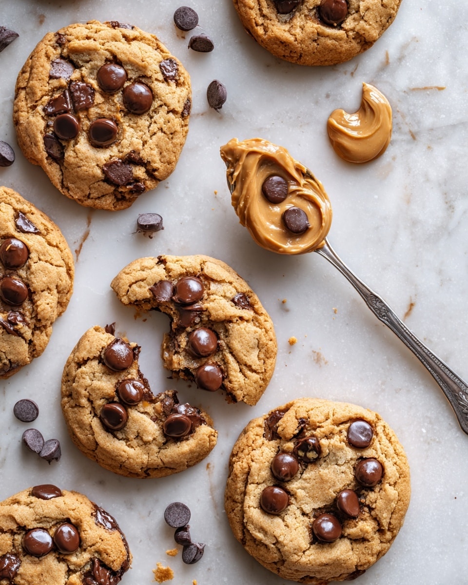 Several round golden-brown chocolate chip cookies are spread on a white marbled surface, each cookie showing a cracked texture with multiple dark, shiny chocolate chips embedded on top. One cookie is broken, revealing soft chocolate inside. Nearby, a spoon with smooth peanut butter and a chocolate chip on it rests on the surface, spreading a small smear underneath. Scattered chocolate chips lie around the cookies, enhancing the rich and fresh feel of the scene. photo taken with an iphone --ar 4:5 --v 7